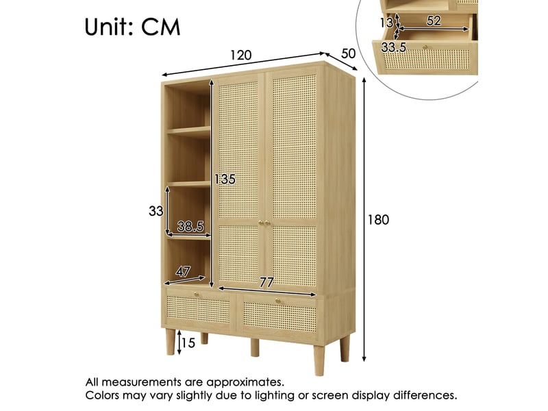 Armoire dressing 120x50x180 cm – chêne clair – 2 portes, étagères ouvertes, 2 tiroirs, rangement pratique  - Conforama C