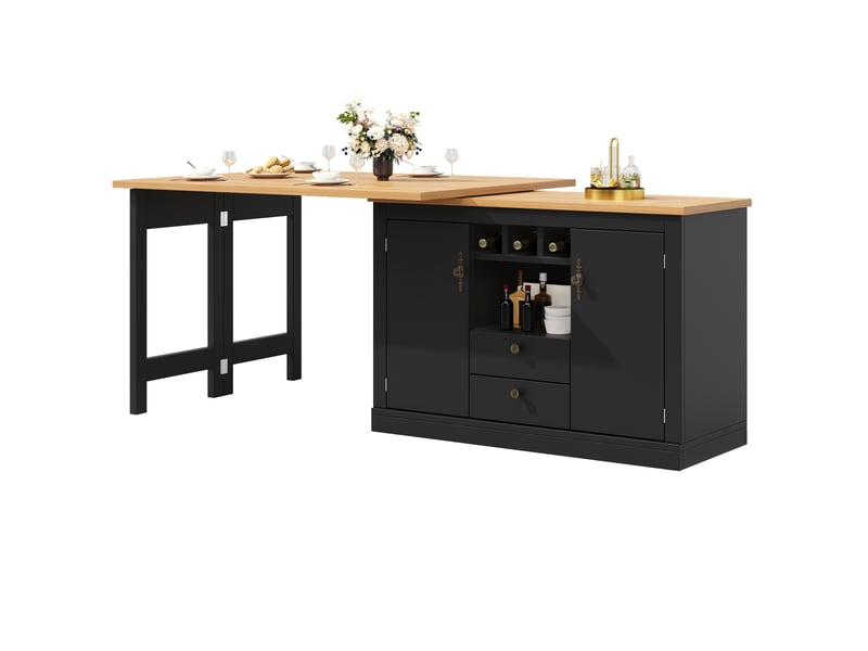 Ilot cuisine, buffet de cuisine avec rangements intégrés, plateau extensible, pivotant à 360°, dimensions 120 à 180 x 40 x 76 cm, mdf, noir - Conforama A