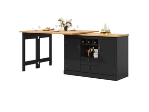 Îlot de cuisine 120 x 40 x 76 cm avec 2 tiroirs, range-bouteilles et compartiments réglables, plateau extensible pivotant à 360°, mdf, noir