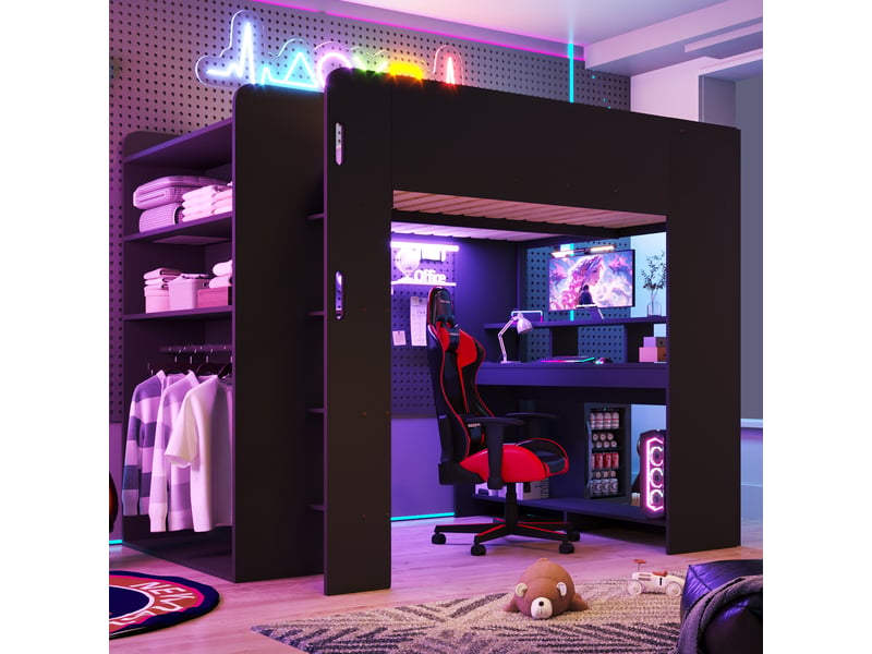  Lit mezzanine double 140×200 cm avec bureau, armoire, led et usb - okmyhome- noir, sans matelas  - Conforama C
