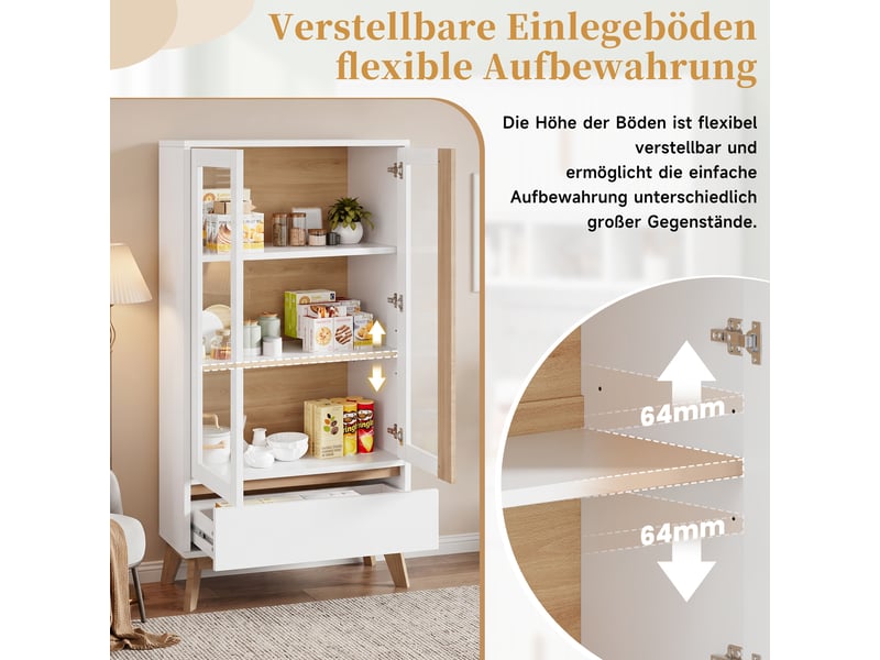 Buffet de cuisine 80 x 40 x 150 cm, blanc et effet bois, avec étagères réglables, 1 tiroir et 2 portes - Conforama E