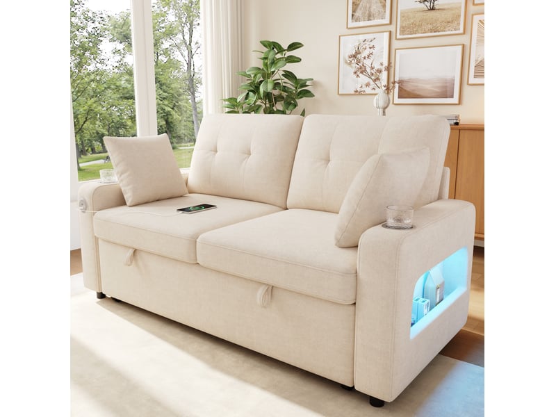 Canapé-lit tcqpz 2 places convertible 141,5 x 131 x 83,5 cm led usb type-c chenille beige - Conforama B