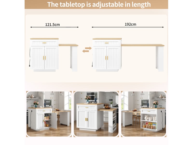  Desserte de cuisine extensible avec 1 tiroir, portes et étagères réglables, prise intégrée pour cuisine 121,5 × 70 × 92 cm  - Conforama E