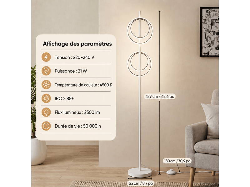  Lampadaire led 2 anneaux 21w 1590 lm, 4500k blanc neutre, blanc sablé et chrome, h159 cm, interrupteur au pied, prise eu, câble 1,8 m  - Conforama C