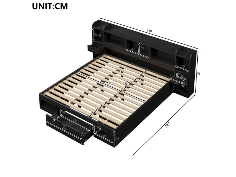 Lit plateforme 180 x 200 cm avec rangements, led, usb et 3 tiroirs noir - Conforama C