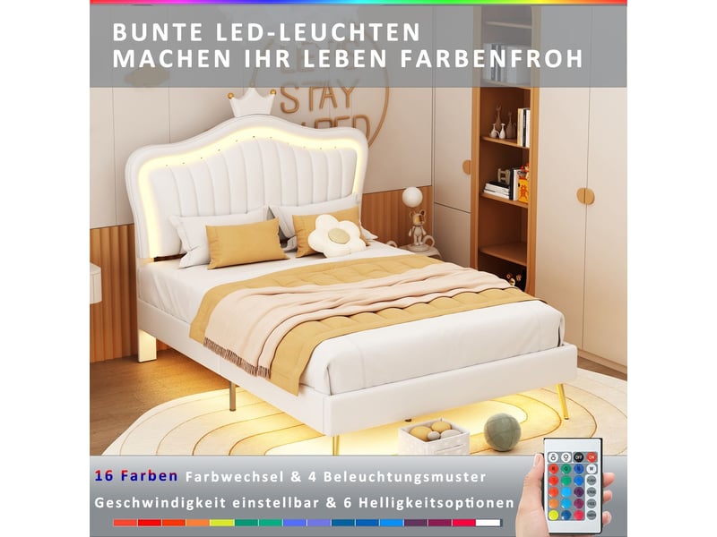 Lit rembourré 90x200 cm en similicuir blanc avec led - lit enfant - forme couronne, pieds surélevés, sommier inclus - Conforama E
