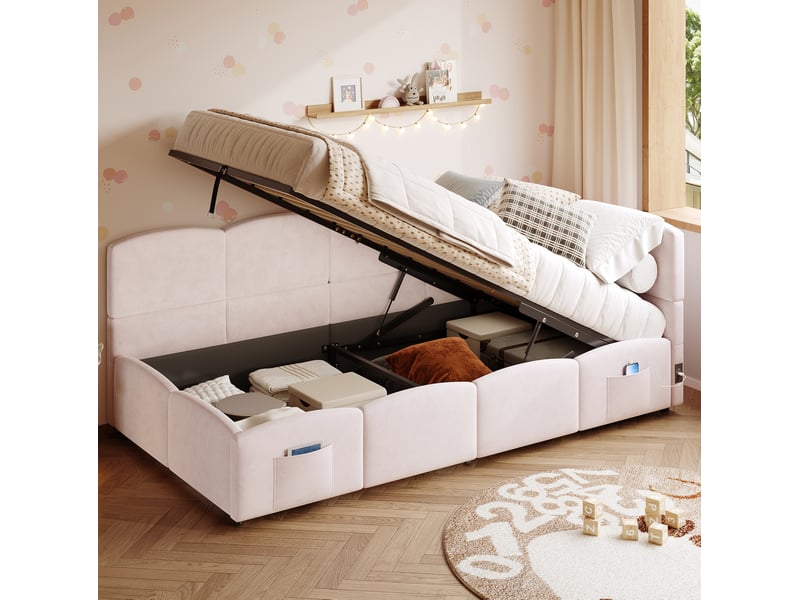  Lit banquette coffre 90x200 cm en velours rose avec usb et rangements  - Conforama B