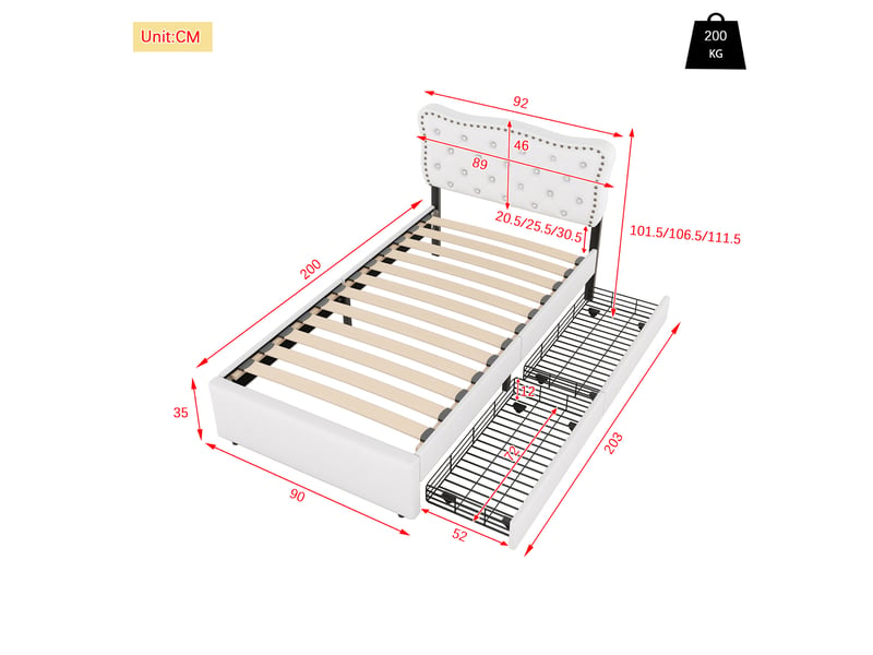  Lit rembourré beige clair 90x200 cm avec détails cloutés et 2 tiroirs de rangement  - Conforama C