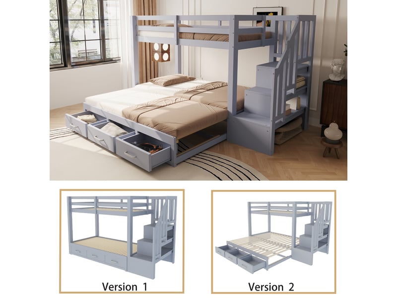Lit mezzanine 90x200 cm avec lit gigogne, lit enfant avec échelle de rangement à plusieurs tiroirs, gris, lit en bois - Conforama R