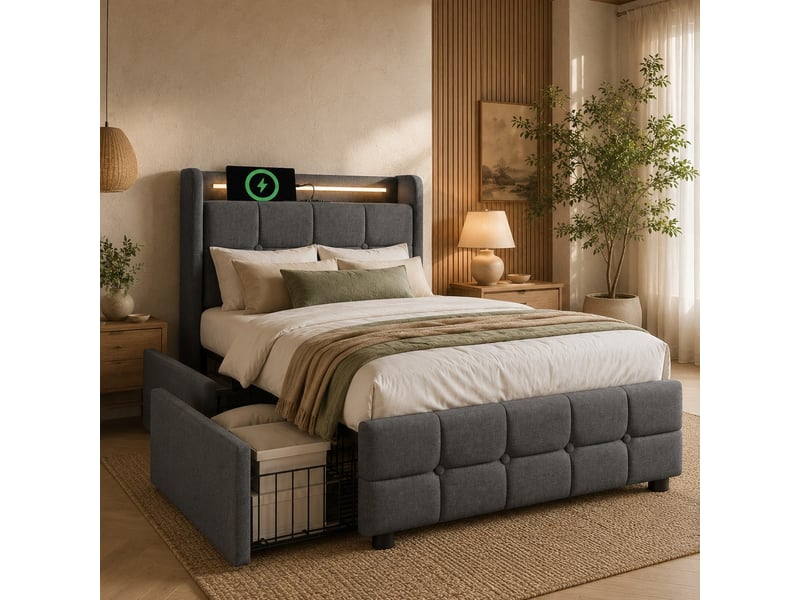  Lit avec tiroirs, lit simple en lin gris avec 2 tiroirs, 2 prises, 2 ports usb et led, 90x200 cm, sans matelas  - Conforama B
