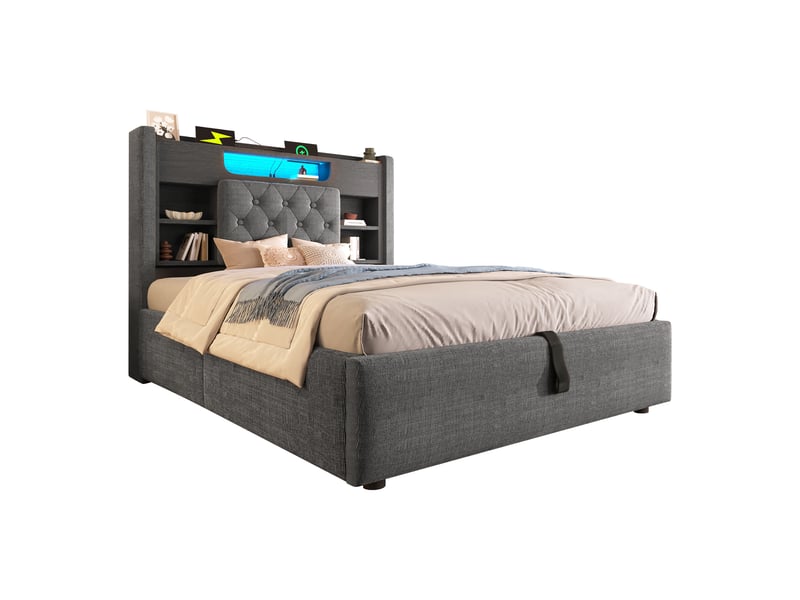  Lit coffre simple 90x200 cm en tissu gris avec rangement, led, usb et type-c, sans matelas  - Conforama A