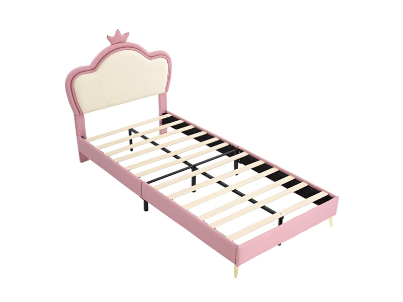 Lit enfant 90x200 cm blanc et rose en pu avec tête de lit rembourrée couronne et pieds métalliques Sol Morn - Conforama A
