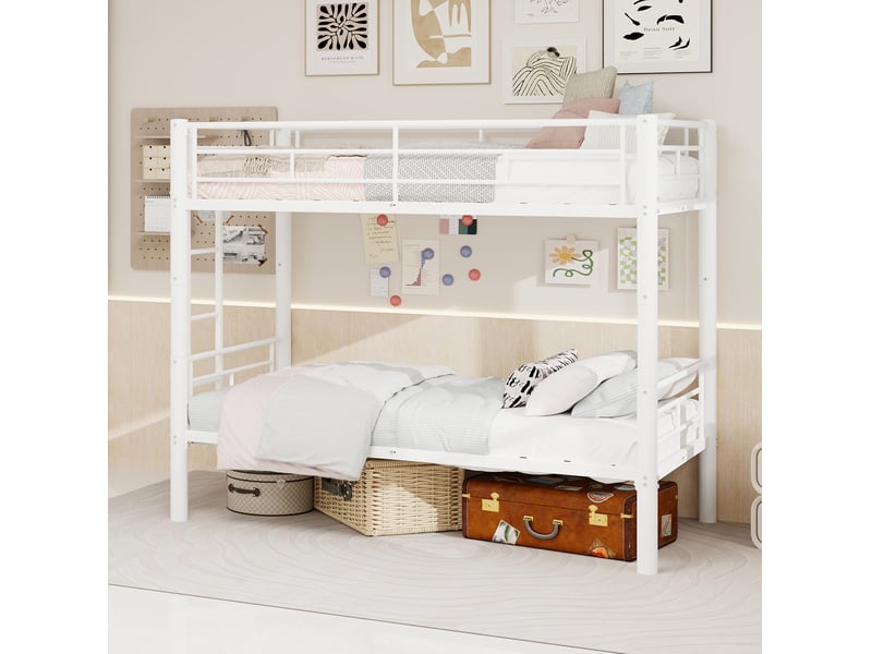 Lit superposé 90x190 cm convertible en 2 lits simples avec échelle et barrières métal blanc sans matelas  - Conforama D