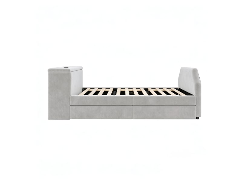  Lit enfant rembourré 90x200 cm gris velours, bureau intégré, usb, lit gigogne  - Conforama A