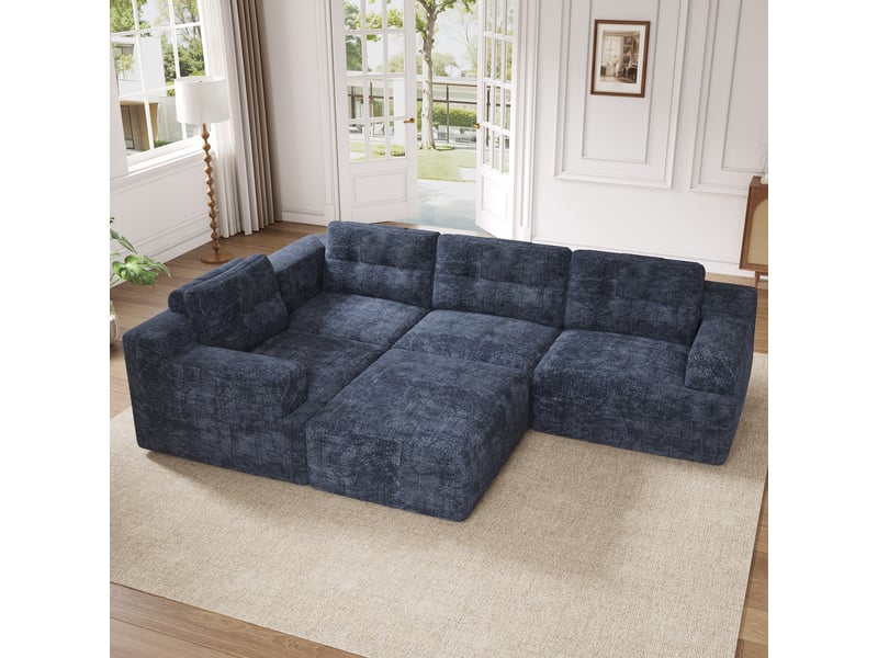 Canapé d'angle 5 places en chenille bleu, modulable en l-forme ou u-forme avec led intégrée - Conforama E