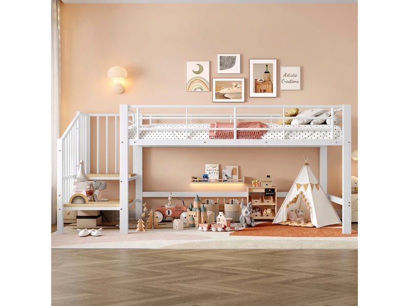  Lit mezzanine 90x200 avec escalier de rangement, lit enfant métal blanc  - Conforama D