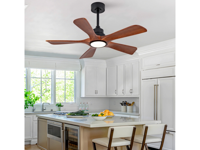  Ventilateur de plafond 107x107x34,5 cm réversible 6 vitesses, éclairage led 3 cct dimmable avec télécommande, 5 pales en bois massif, structure en métal, coloris noyer et noir  - Conforama E