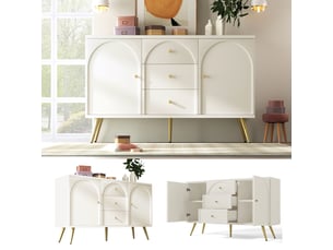 Buffet blanc 140x84x40 cm, meuble bas avec 2 portes latérales et 3 tiroirs centraux, idéal pour stockage salon et chambre