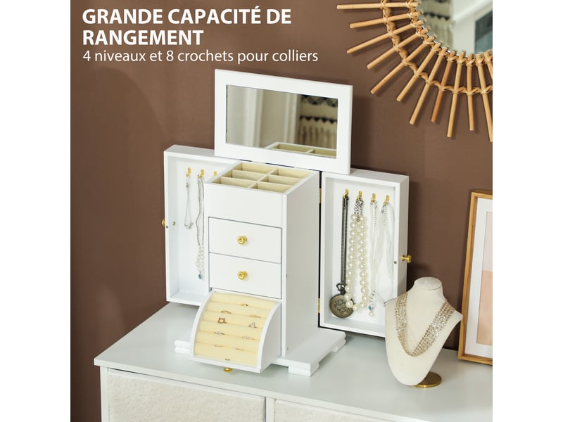 Boîte à bijoux 4 niveaux avec miroir et tiroirs en bois blanc 26,5 x 16 x 33,5 cm  - Conforama D