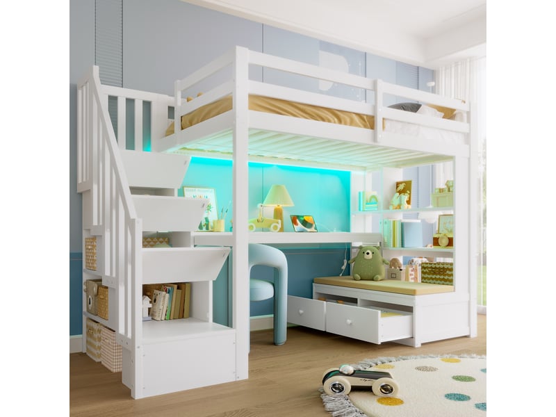 Lit mezzanine enfant 90x200 cm, lit surélevé en bois avec bureau, lit surélevé en boisescalier de rangement, led, tiroirs et étagères - blanc - Conforama C