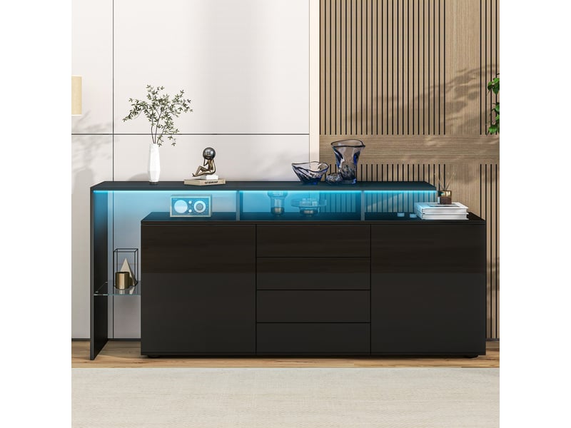  Buffet 2 portes, 4 tiroirs et led pour salon 160×35×70 cm en panneaux de particules noir  - Conforama B