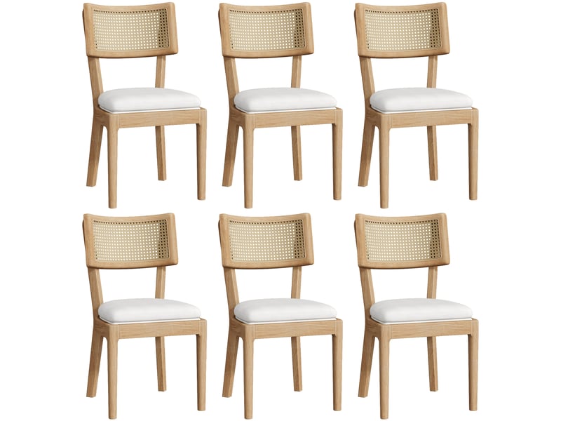  Lot de 6 chaises de salle à manger en bois avec dossier en rotin et coussin en lin, couleur bois  - Conforama A