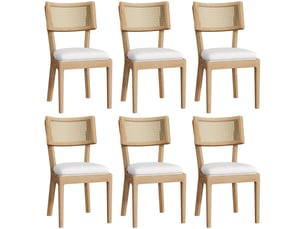 Lot de 6 chaises de salle à manger en bois avec dossier en rotin et coussin en lin, couleur bois