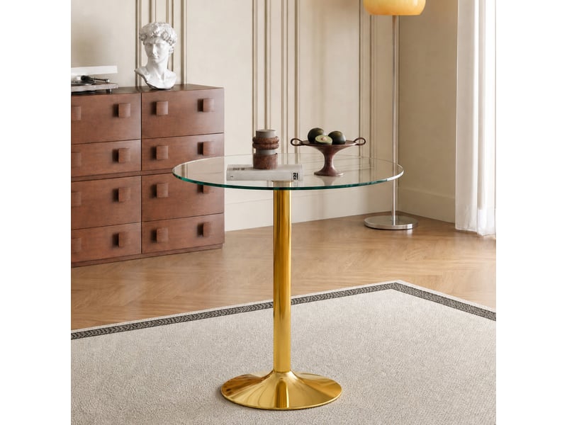 Table haute ronde avec plateau en verre trempé 89 cm - lpospi - pied central stable en métal transparent et doré - Conforama B