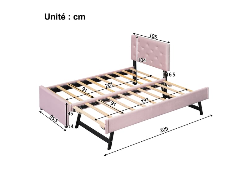  Lit gigogne 90 x 200 cm - lit simple avec roulettes et lit extensible - velours - sans matelas - rose  - Conforama C