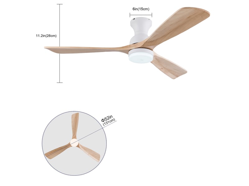 Ventilateur de plafond avec éclairage et télécommande, plafond silencieux pour chambre et salon, 3 pales en bois massif 132 cm, bois naturel - Conforama E