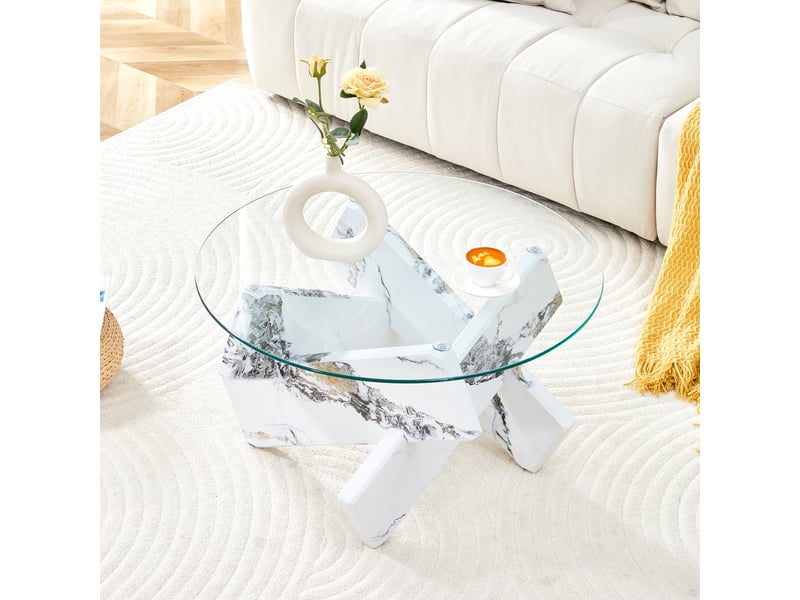  Table basse ronde avec piètement croisé, plateau en verre trempé, pour salon, en mdf et verre, transparent et blanc - uvrion  - Conforama B