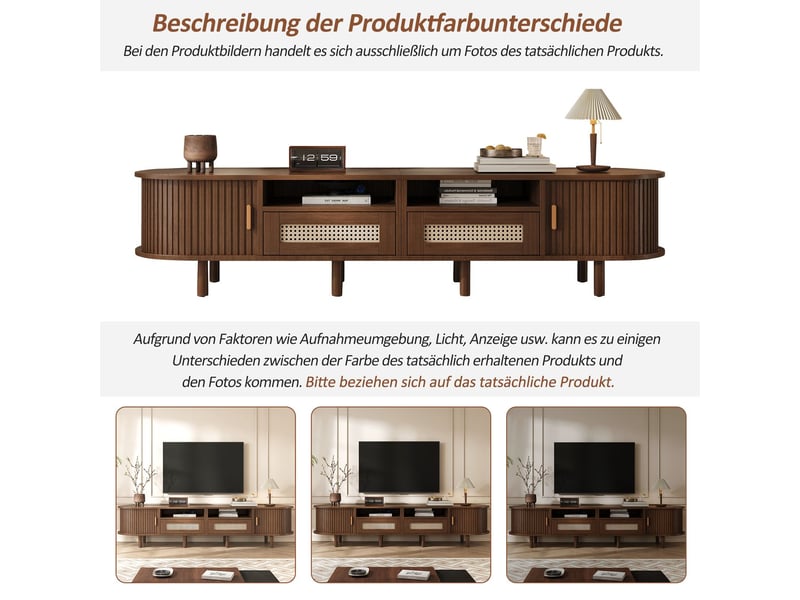  Meuble tv 170x40x40, design ovale en noyer avec 2 tiroirs en rotin, 2 portes coulissantes et rangement meuble tv avec rangement  - Conforama D