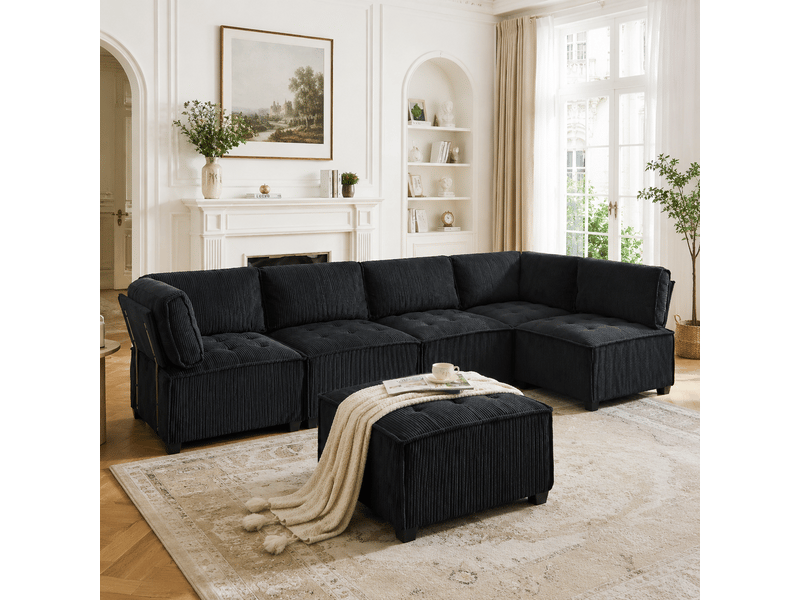 Canapé modulaire 6 places en velours côtelé noir, structure métal et bois, convertible en u ou l, 308x154x82 cm - Conforama B