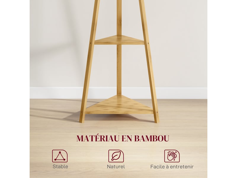  Porte-manteau sur pied avec 8 patères 3 étagères en bambou naturel 46x46x175 cm  - Conforama D