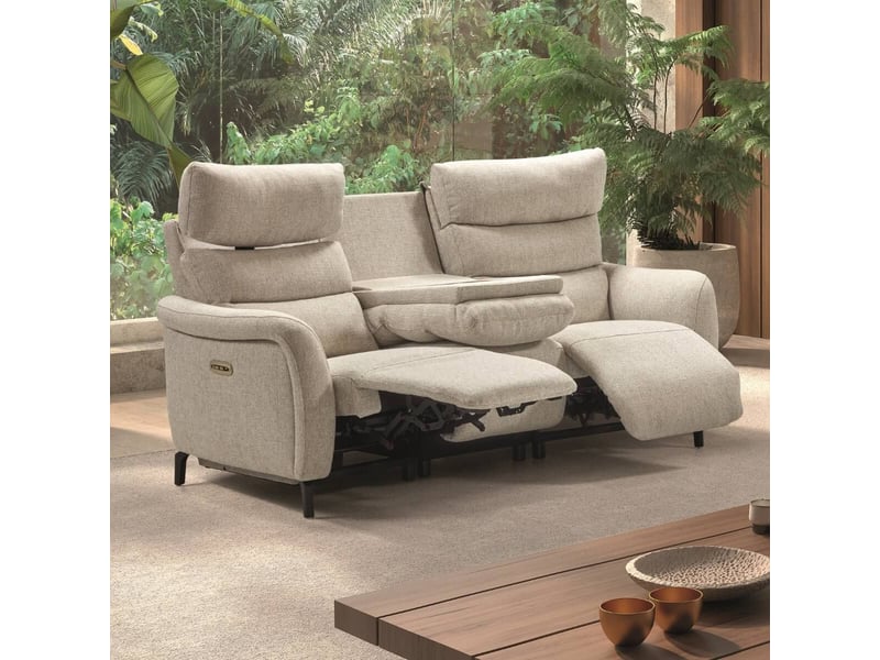  Canapé 3p relax électrique avec tablette centrale tissu beige chiné - varenne VARENNE - Conforama D
