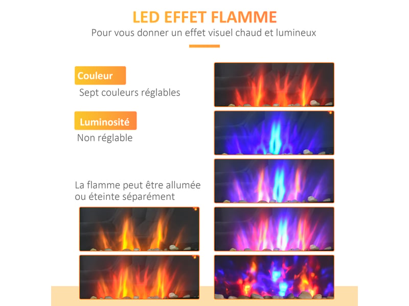  Cheminée électrique murale 10002000 w, cheminée décorative avec effet flamme 7 couleurs réglables, 72,5x11,5x40cm, noir  - Conforama E