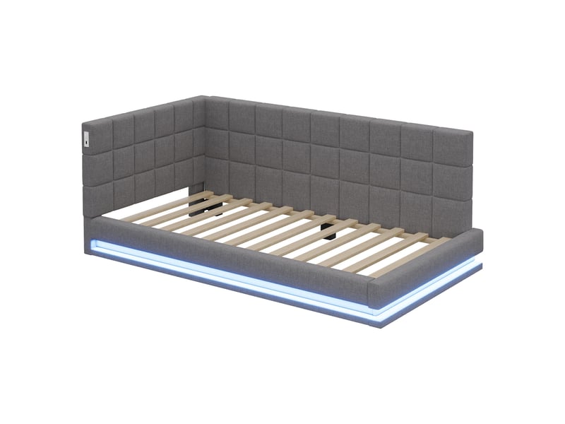  Lit banquette enfant 90 x 200 cm avec led, usb et sommier à lattes, lin, gris Fay Lum - Conforama A