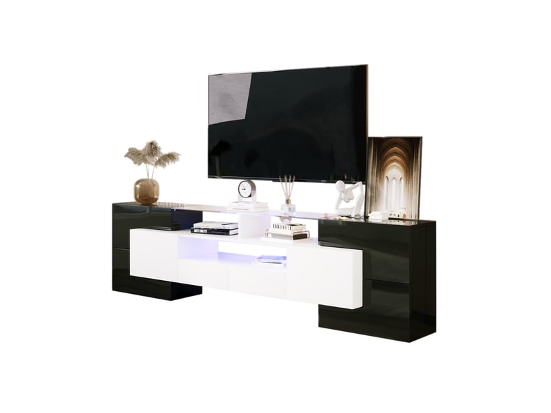  Meuble tv 200 cm avec led et plateau en verre - design moderne - mdf - 200 x 35 x 60 cm - noir et blanc brillant  - Conforama A