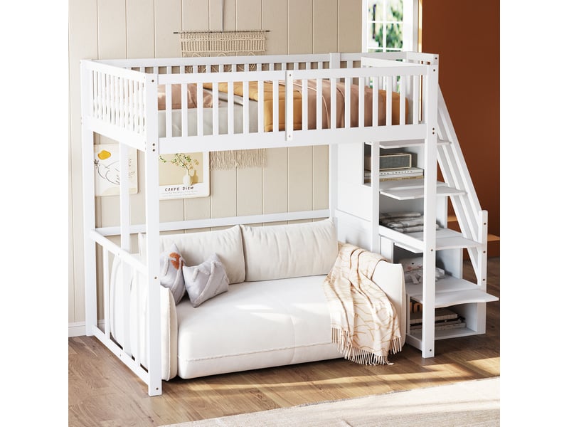  Lit mezzanine 140 x 200 cm blanc avec escalier de rangement et garde-corps  - Conforama B
