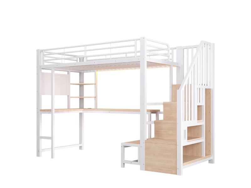 Lit mezzanine 90x200 cm avec bureau, rangements, led et prises usb, blanc, moderne - Conforama D