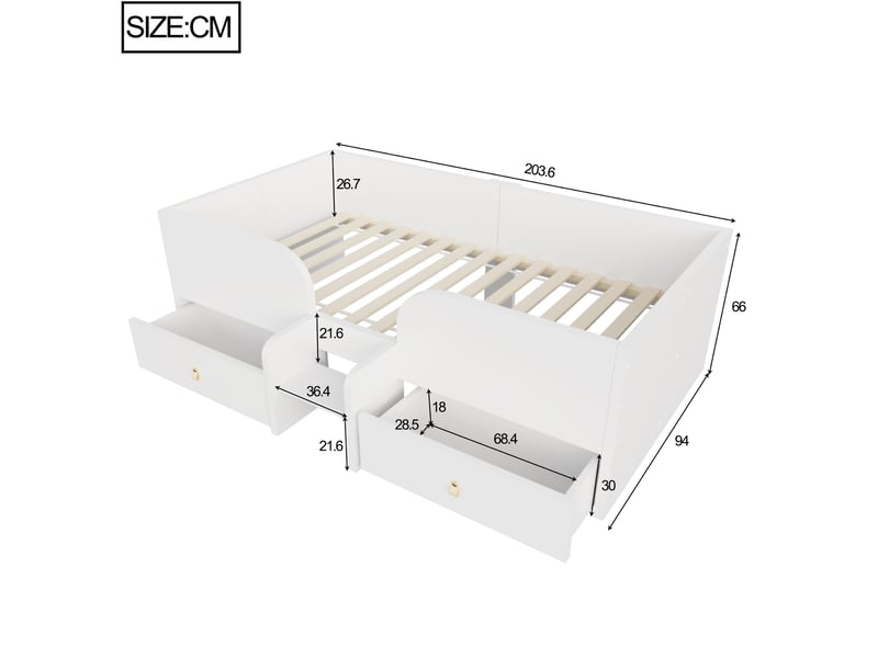  Lit enfant 90 × 200 cm 1 place avec 2 tiroirs, barrières et marche de sécurité, sans matelas, en mdf blanc  - Conforama D