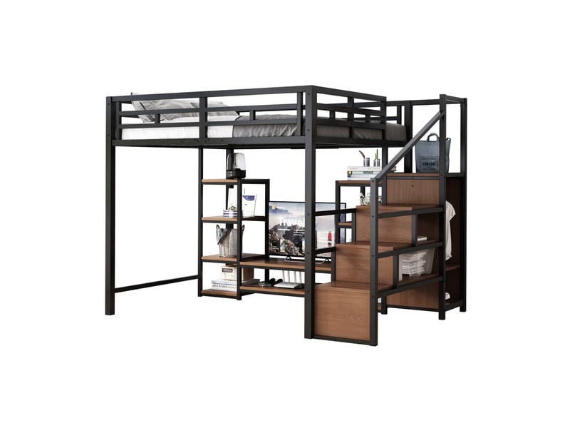  Lit mezzanine 140x200 cm noir en métal avec support tv, prise et escalier de rangement, sans matelas  - Conforama A
