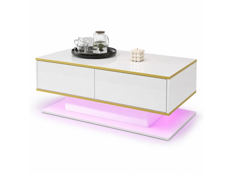  Table basse led 100x50x40 cm 3 tiroirs panneau de particules blanc et or  - Conforama B