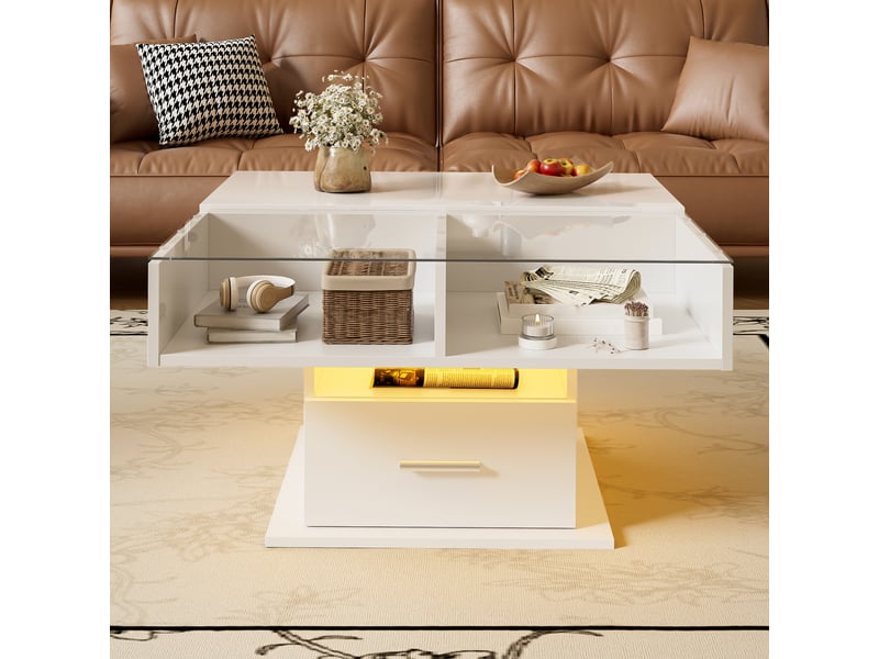  Table basse relevable avec 1 tiroir et 1 niche ouverte et led, hauteur réglable, en panneau de particules, blanc - uvrion  - Conforama C