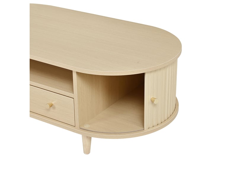  100 x 50 x 36 cmtable basse avec un tiroir et des espaces de rangement ouverts, équipée d'un volet roulant, 4 pieds, couleur chêne  - Conforama W