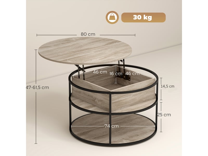  Table basse ronde avec plateau relevable rangements coloris chêne ø 80 x 47-61,5 cm  - Conforama C