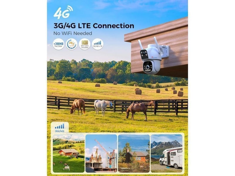  Caméra de sécurité extérieure ptz double objectif 4g lte vision couleur 25 m 355 90 deux voies audio ip66  - Conforama B