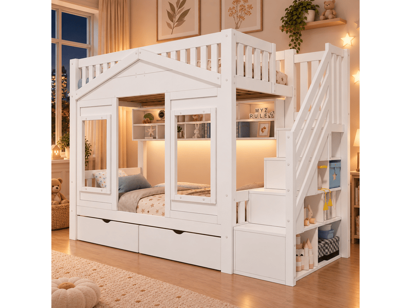  Lit mezzanine enfant 90x200 cm en bois massif blanc avec escalier rangement, fenêtres, garde-corps de sécurité et design lit ado Morn Vibe - Conforama C