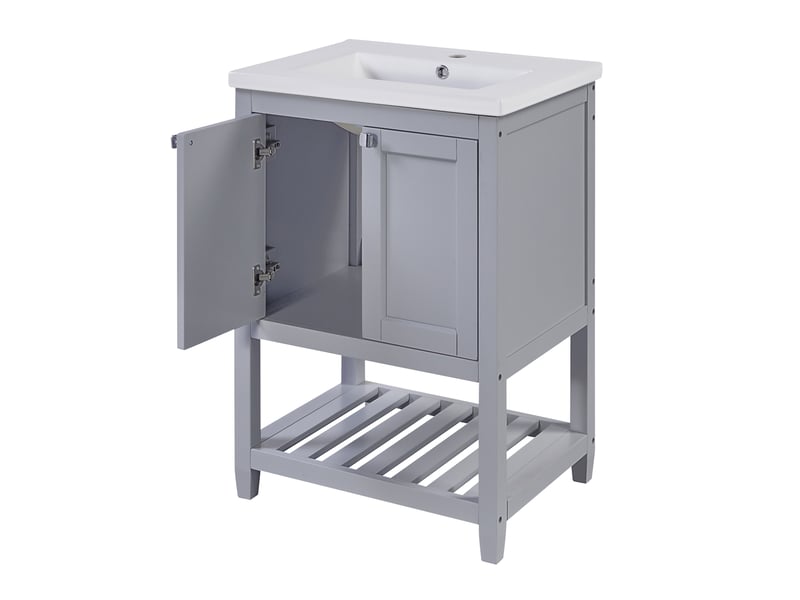  Meuble salle de bain avec vasque céramique 60 cm - sur pied gris clair avec rangement  - Conforama A