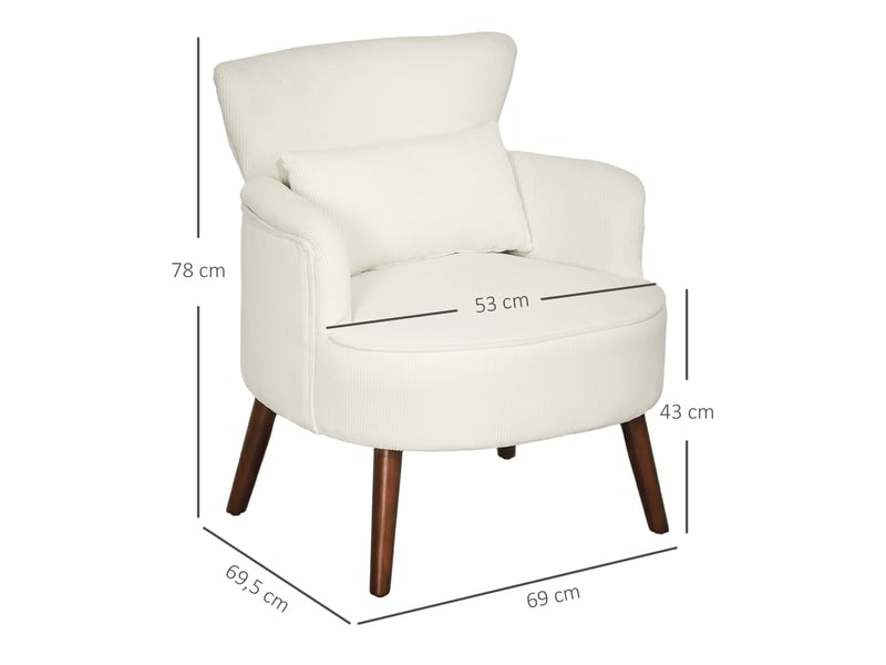  Fauteuil lounge rembourré en polyester effet côtelé, blanc crème, pieds en bois, 69 x 69,5 x 78 cm  - Conforama C